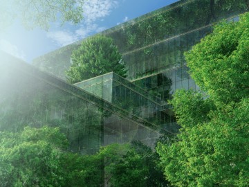 Die Schwammstadt - Effektiver Schutz vor Hochwasser und Hitze? : Begr&uuml;ntes B&uuml;rogeb&auml;ude mit vielen B&auml;umen