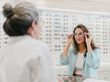 Akustiker & Optiker: Kundin probiert Brille aus