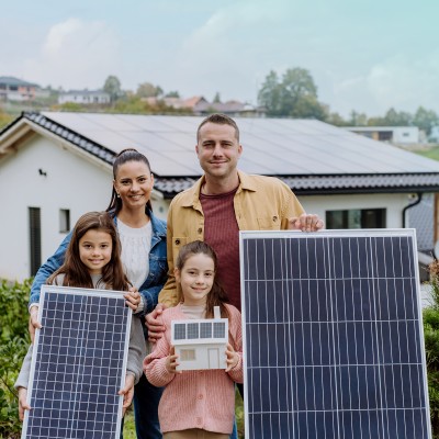 Photovoltaikversicherung: Familie mit Solarpanels vor Haus stehend