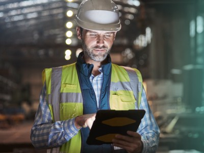 Mitarbeiter mit Schutzhelm im Betrieb schaut auf Tablet