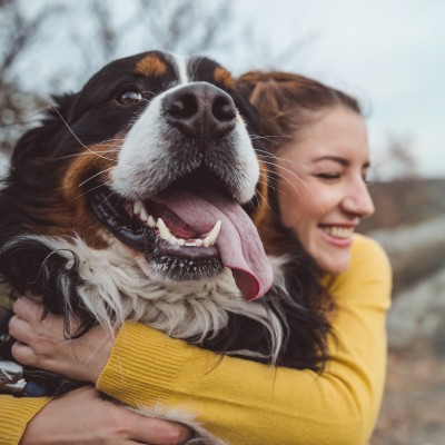 Tierhalterhaftpflicht: Junge Frau umarmt glücklich ihren Hund