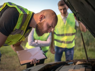 Pannenhelfer schaut in die geöffnete Motorhaube