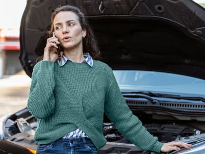 Frau mit Autopanne ruft telefonisch Hilfe