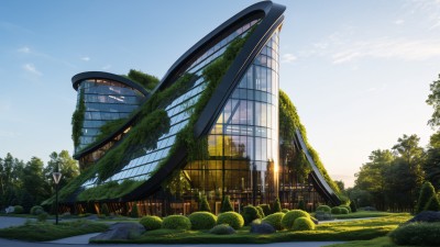 Modernes Gebäude mit viel Glas und begrünter Fassade