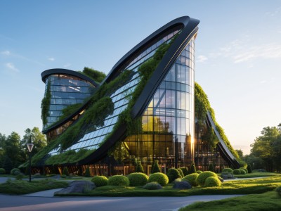 Modernes Gebäude mit viel Glas und begrünter Fassade