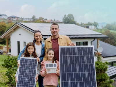 Photovoltaikversicherung: Familie mit Solarpanels vor Haus stehend